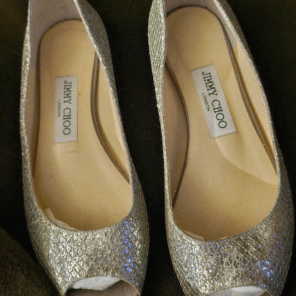 Jimmy Choo Silver Peep-Toe Flats
